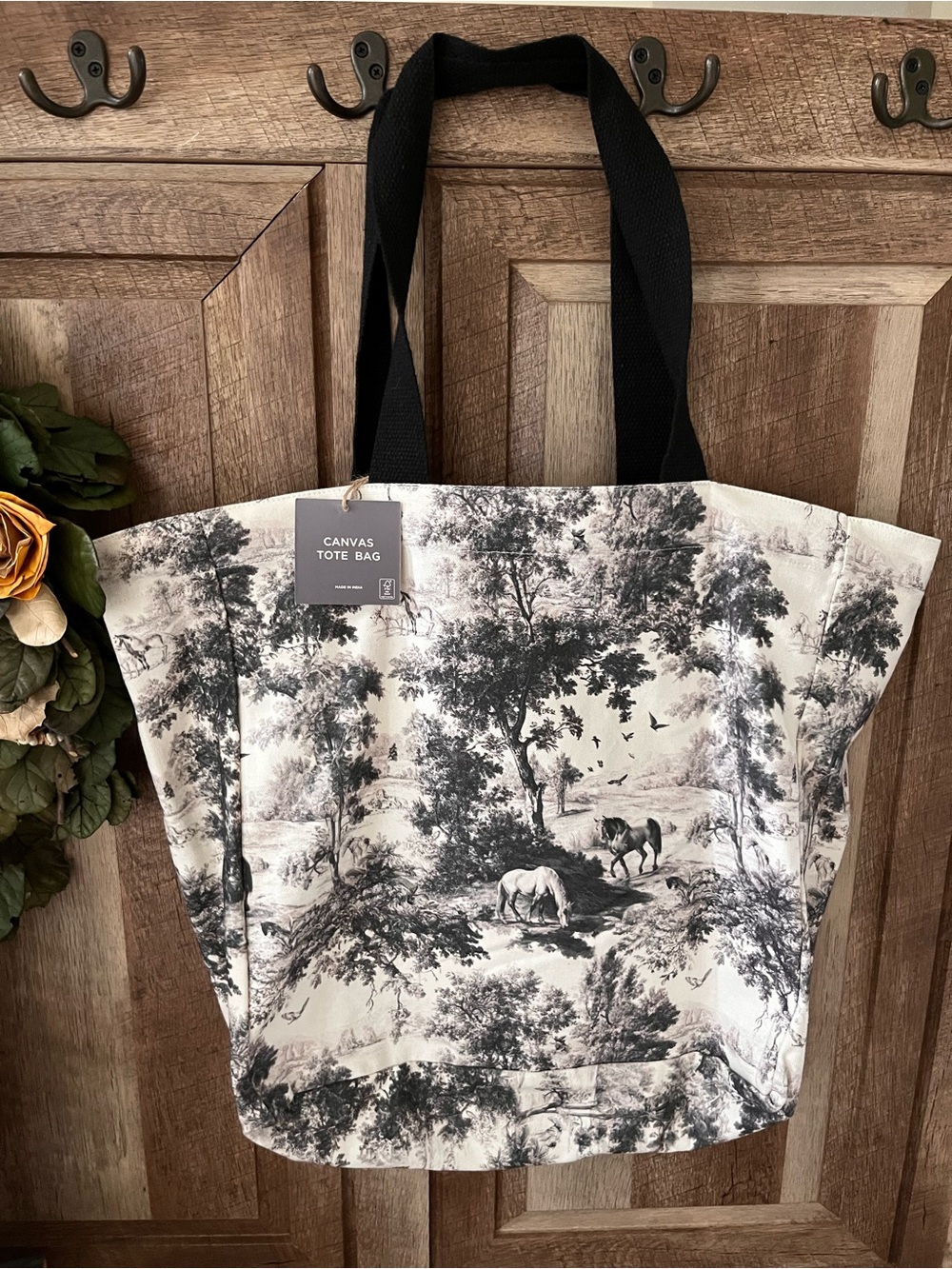 White Horse Toile Print Pastoral Scenic Large NWT Canvas Tote Bag Black & White